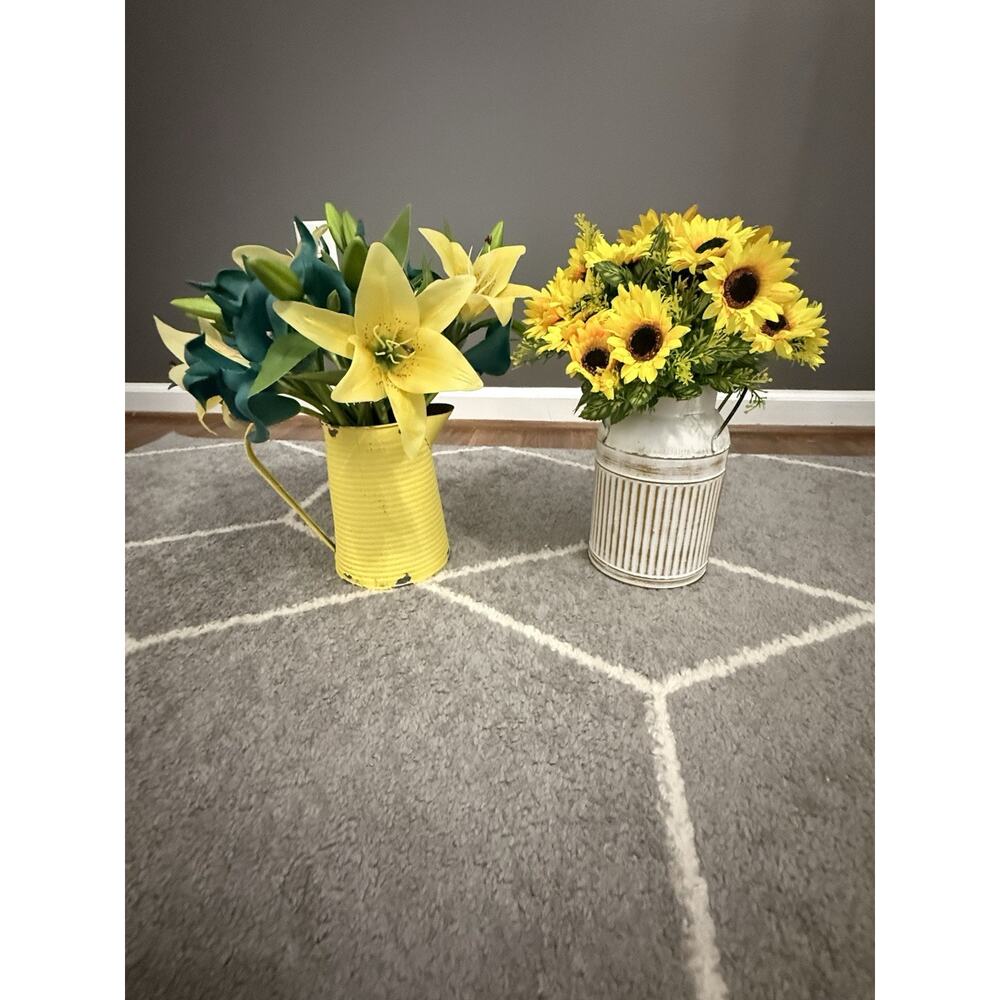 2 Artificial Flowers & Pots Farmhouse Home Decor Sunflowers Lillies Rustic